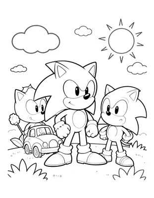 Kleurplaat van Sonic the Hedgehog die met twee vrienden buiten staat, met een auto, zon en wolken op de achtergrond.