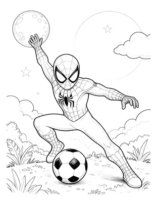 Kleurplaat van Spiderman die een voetbal trapt onder een sterrenhemel met maan en wolken.