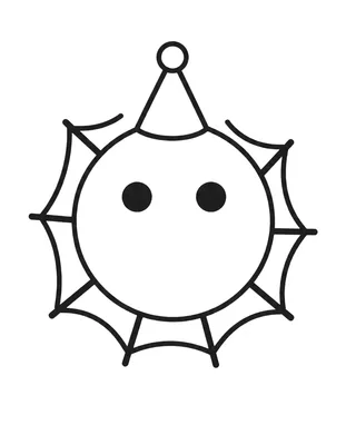Kleurplaat van een vriendelijke spin met een klein feesthoedje dat in een web tussen takken zit.