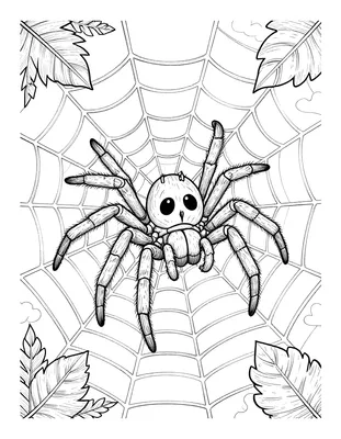 Kleurplaat van een harige spin met grote ogen in een groot spinnenweb, omringd door herfstbladeren voor Halloween.