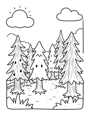Kleurplaat van een donker sparrenbos met hoge bomen, een zon en wolken aan de lucht.