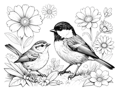 Kleurplaat van een staartmees en een winterkoning tussen grote bloemen met fijne details