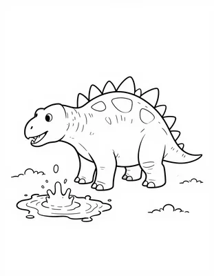 Kleurplaat van een stegosaurus met stekels op zijn rug die naast een borrelende modderplas in een vulkanisch dal staat.