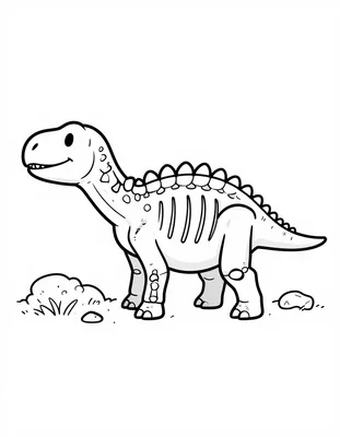 Kleurplaat van een stegosaurus skelet met een rij beenplaten op de rug die over een rotsveld naast een struik loopt.