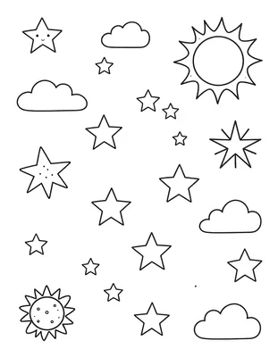Kleurplaat met een hemel vol sterren in verschillende maten, een lachende zon, een zon met sproetjes en een paar wolken.