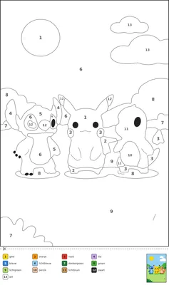 Kleurplaat met Stitch, Pikachu en Charmander die naast elkaar in een zonnige wei staan te lachen, met genummerde vakjes en een kleurenlegenda onderaan.
