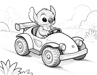 Kleurplaat van Stitch die achter het stuur van een kleine RC auto met grote wielen en een spoiler rijdt.