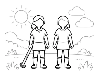 Zwart-wit kleurplaat van een vrolijk meisje dat stoer veldhockey speelt, met een hockeystick in haar hand.