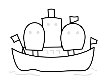 Kleurplaat van een stoomboot met vlaggen en een menigte op de kade, getekend met dikke lijnen en grote vormen.
