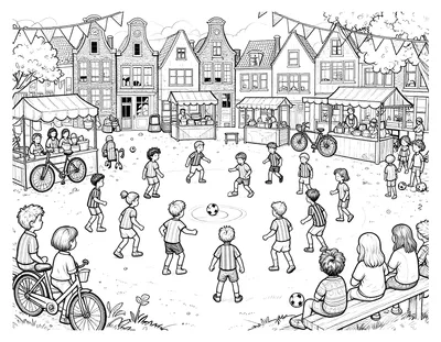 Kleurplaat van een Nederlands plein met grachtenpanden waar kinderen in gestreepte shirts voetballen tussen marktkraampjes, vlaggetjes en fietsen.