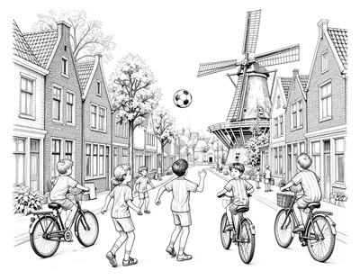 Kleurplaat van kinderen die op straat voetballen in een Nederlandse buurt met grachtenpanden, fietsen en een molen, terwijl een bal door de lucht vliegt.