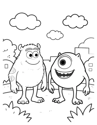 Kleurplaat van Sulley en Mike Wazowski die samen lachen in een vriendelijke monsterstad