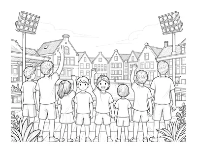 Kleurplaat van een groep juichende supporters op een terras bij schemer, met grachtenpanden en stadionlichten op de achtergrond.