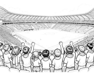 Kleurplaat van een groep juichende supporters op de tribune met uitzicht op een groot voetbalstadion bij schemering.