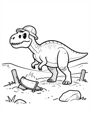 Kleurplaat van een jonge T-rex met petje die bij een opgraving zand van een dinosaurus skelet veegt tussen houten palen en touw.