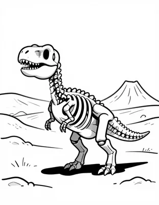 Kleurplaat van een vriendelijk T rex skelet dat in een zandige woestijnvallei staat en naar een vulkaan in de verte kijkt.