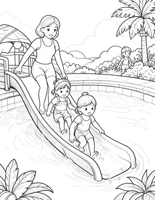 Kleurplaat van een tante die met twee nichtjes van een grote waterglijbaan in een zwembad glijdt, met palmbomen en een kind op de achtergrond.