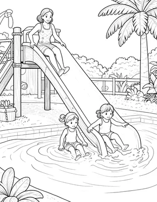Kleurplaat van een tante die met twee nichtjes van de waterglijbaan in een groot zwembad glijdt, met palmbomen op de achtergrond.