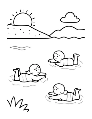 Kleurplaat van een tante en twee nichtjes die zwemmend in de zee bij een strand met zon en wolk te zien zijn.