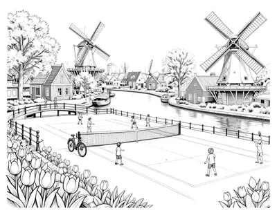 Kleurplaat van een tennisbaan aan een Nederlandse gracht met spelende kinderen, fietsen op een brug, tulpen, woonboten en molens op de achtergrond.