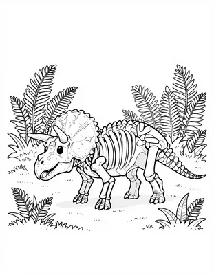 Kleurplaat van een triceratops skelet met een brede nekkraag tussen hoge prehistorische varens in een zonnige open plek.