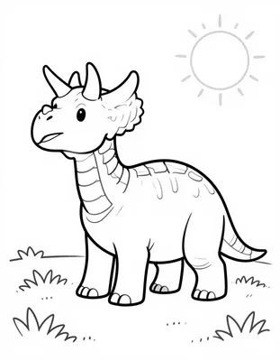 Kleurplaat van een triceratops die op een grasvlakte staat onder een stralende zon.