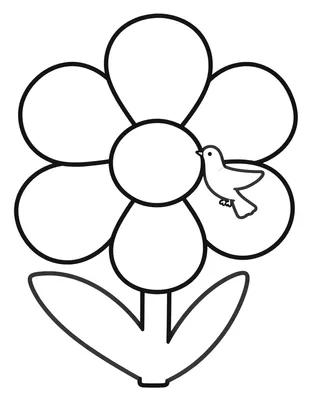 Kleurplaat van een grote tulp met vijf bloemblaadjes en een klein duifje dat op een blad zit