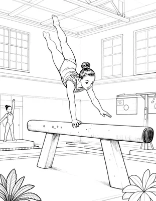 Kleurplaat van een turnster die een handstand met gespreide benen doet op de evenwichtsbalk in een gymzaal met ramen en vlaggen.