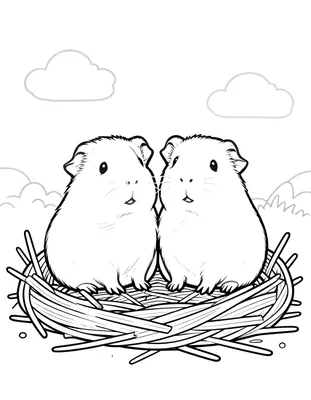 Kleurplaat met twee cavia's die dicht tegen elkaar in een nest van stro zitten, met op de achtergrond wolken en graspollen.