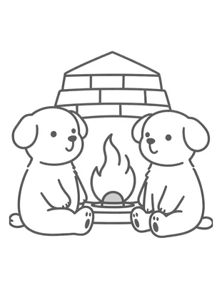 Kleurplaat van twee honden die samen bij een knapperend haardvuur zitten in een gezellige kamer.