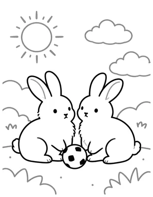 Kleurplaat met twee konijnen die samen met een bal spelen in een grasveld onder een zon en wolken.