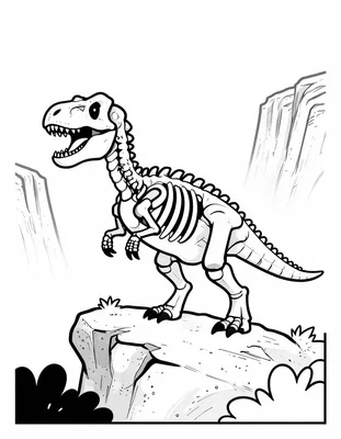 Kleurplaat van een velociraptor skelet dat op een rots boven een mistige canyon hurkt, met struiken en rotswanden op de achtergrond.
