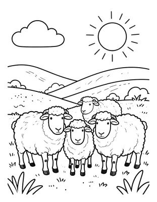 Kleurplaat met vier schapen die bij elkaar in een weiland staan, met op de achtergrond heuvels, een wolk en een zon.