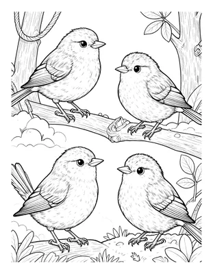 Kleurplaat met vier kleine vogels op een tak in een winters tafereel met bladeren en een nest op de achtergrond.