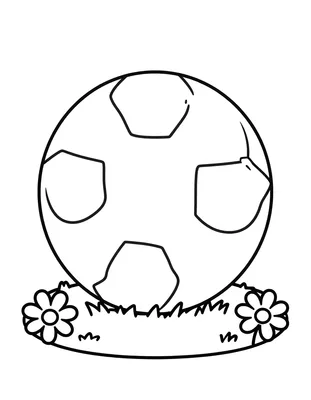 Kleurplaat van een grote voetbal op een graspol met twee madeliefjes ernaast