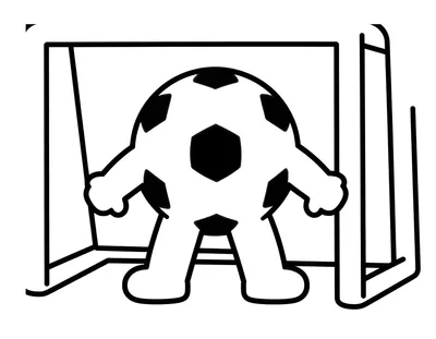 Kleurplaat van een grote voetbal voor een doel met een dik kader en een losse bal ervoor.