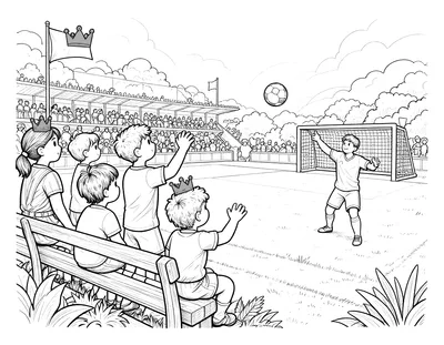Kleurplaat van een voetbalwedstrijd op Koningsdag met juichende toeschouwers op een tribune, kinderen met oranje kroontjes en een speler die op het doel schiet.