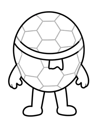 Kleurplaat van een grote voetbal met een sjaal eromheen geknoopt, met armpjes, beentjes en voetjes eraan.