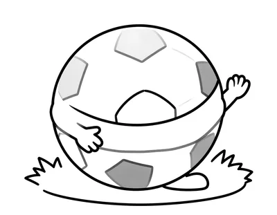 Kleurplaat van een grote ronde voetbal met armpjes die op het gras ligt naast een eenvoudige sjaal.