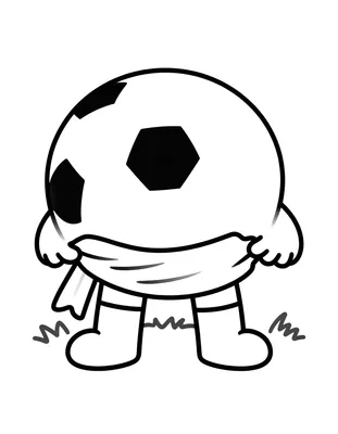 Kleurplaat van een grote voetbal met ronde vlakken die naast een sjaal op een graspol ligt.