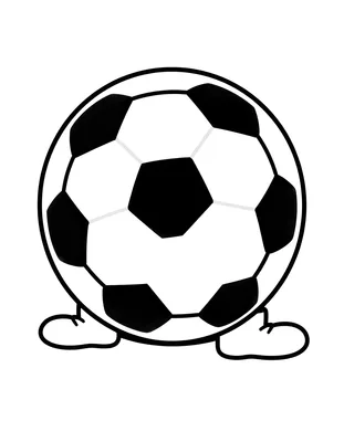 Kleurplaat van een grote voetbal met zwarte en witte vakken op het gras, met een klein voetbalschoentje ernaast.