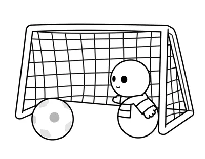 Kleurplaat van een groot voetbaldoel met een bal ervoor en een sjaal over de lat, met een keeper ernaast.