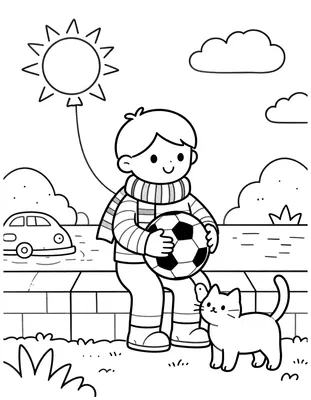 Kleurplaat van een voetbalfan met sjaal op een kademuur die een bal vasthoudt en een kat aait, met ballonnen en een auto op de achtergrond.