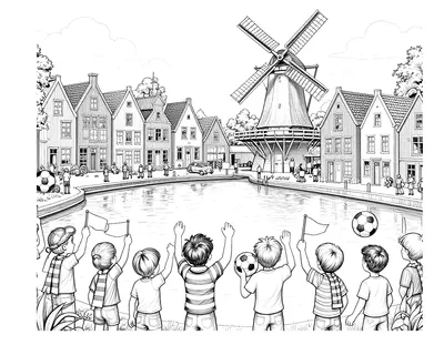 Kleurplaat van juichende voetbalfans met sjaals en vlaggen op een pleintje aan een gracht, met grachtenpanden en een molen op de achtergrond.