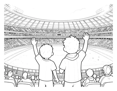 Kleurplaat van twee jonge voetbalfans die met opgeheven armen juichen op de tribune van een vol stadion bij kunstlicht.