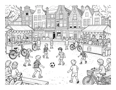 Kleurplaat van een Nederlands plein met grachtenpanden waar kinderen in gestreepte shirts voetballen, met marktkramen, vlaggetjes en fietsen eromheen.