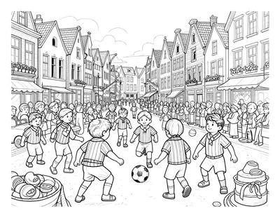 Kleurplaat van voetballende kinderen in gestreepte shirts tijdens een Sinterklaasparade langs grachtenpanden, met pepernoten en speculaas op de voorgrond.