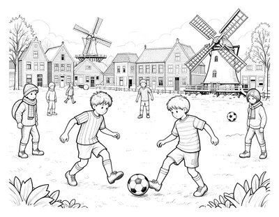 Kleurplaat van kinderen die voetballen op een besneeuwd plein met grachtenpanden en molens op de achtergrond.
