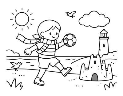 Kleurplaat van een kind in een gestreept voetbalshirt dat een bal trapt op het strand, met meeuwen, een zandkasteel en een vuurtoren op de achtergrond.