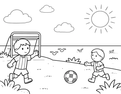 Kleurplaat van twee kinderen in gestreepte voetbalshirts die op het strand voetballen bij een goal, met meeuwen, duinen en een zon.